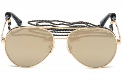 Guess GU7607 32G Gold Mirrored Brown flashy fashion aviator womens sunglass culture with sunglass chain cord