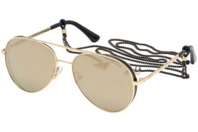 Guess GU7607 32G Gold Mirrored Brown flashy fashion aviator womens sunglass culture with sunglass chain cord